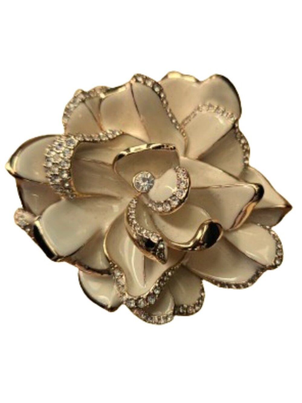 Joan Rivers Gardenia Flower Brooch Pin Ivory Rhinestone Goldtone